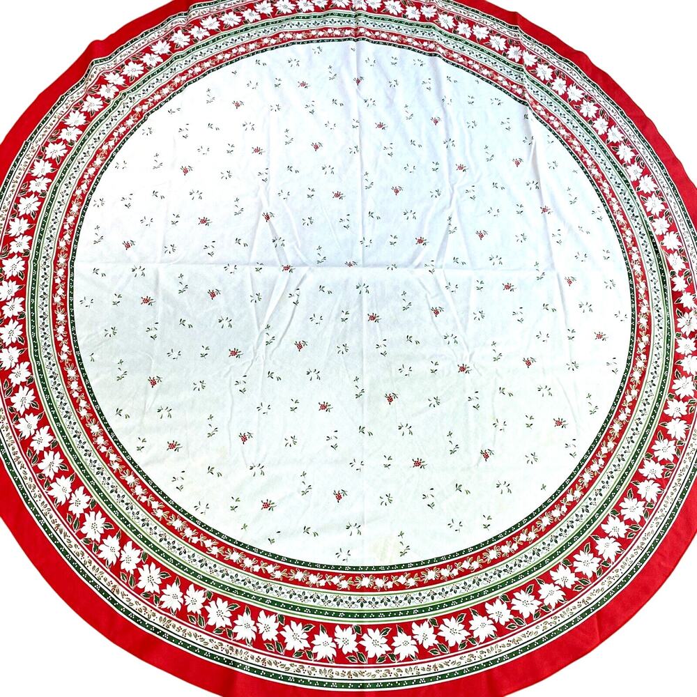 Vintage Christmas Tablecloth White Cotton Red & Green Border Oval Retro Holiday
